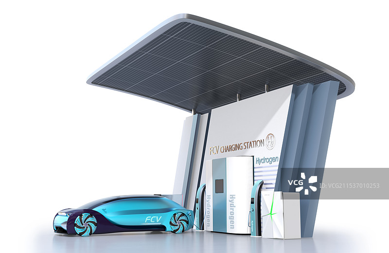 自动化燃料电池车辆在配备太阳能电池板的氢气站加注氢气。图片素材