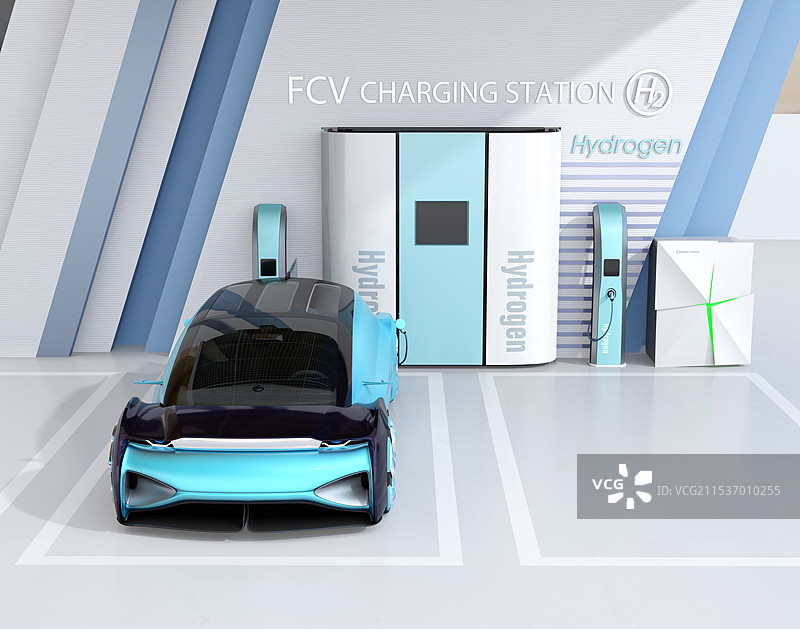 自动化燃料电池车辆在氢气站加注氢气的图像图片素材