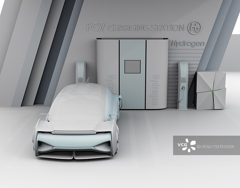 自动化氢燃料电池车辆为氢气站加注氢气的粘土渲染图图片素材