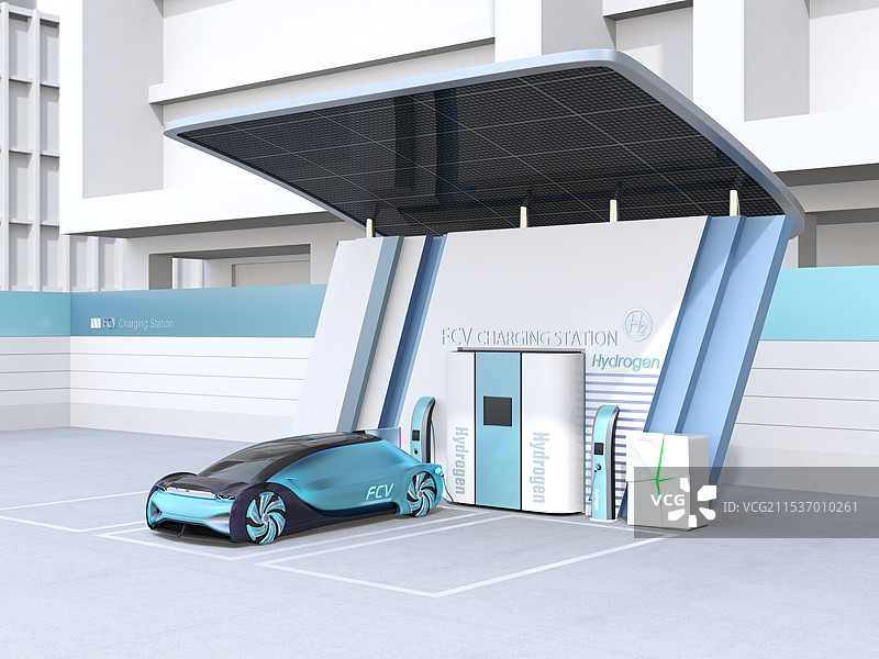 自动化燃料电池车辆在配备太阳能电池板的氢气站加注氢气。图片素材