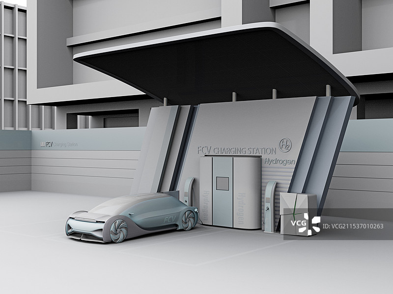 自动化氢燃料电池车辆为氢气站加注氢气的粘土渲染图图片素材