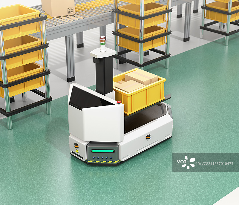 AGV，无人驾驶叉车型运输车辆，将零件箱运输到工厂；智能工厂概念图片素材