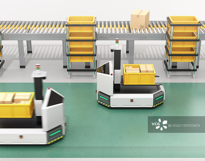 AGV，无人驾驶叉车型运输车辆，正在将零件箱运输到工厂；智能工厂概念图片素材