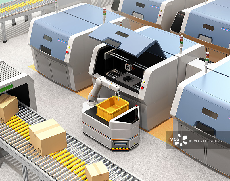 一款AGV无人运输车辆使用机器人手臂从3D打印机中取出成型部件。智能工厂概念图片素材