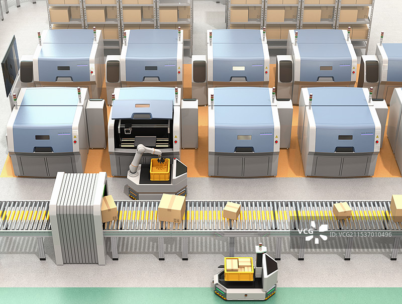 AGV无人运输车辆使用机器人手臂从3D打印机中取出成型部件。智能工厂概念图片素材