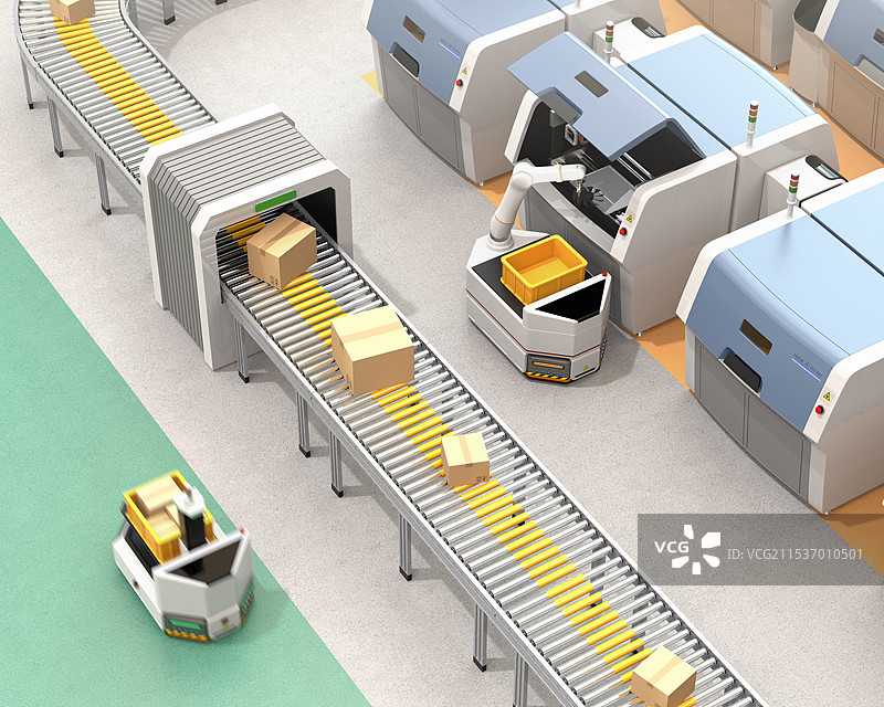 AGV无人运输车辆使用机器人手臂从3D打印机中取出成型部件。智能工厂概念图片素材