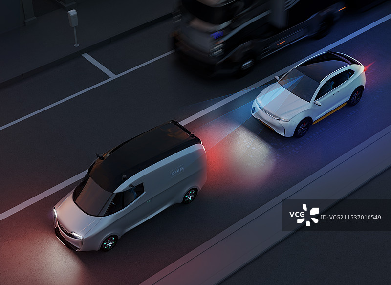 自动刹车以避免追尾碰撞的插图。自动刹车概念。图片素材