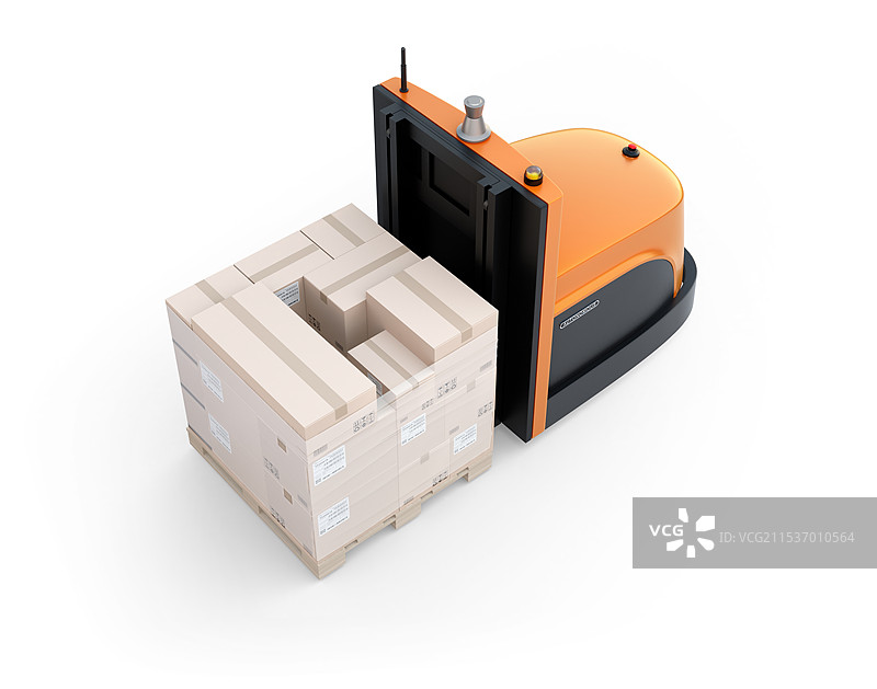 电池驱动的自动叉车在白色背景上运输货物托盘图片素材