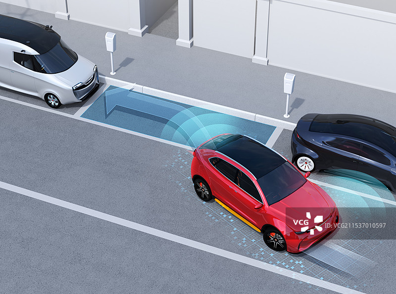 SUV检查停车位并执行自动停车。左侧交通（右侧驾驶）的自动停车概念。图片素材