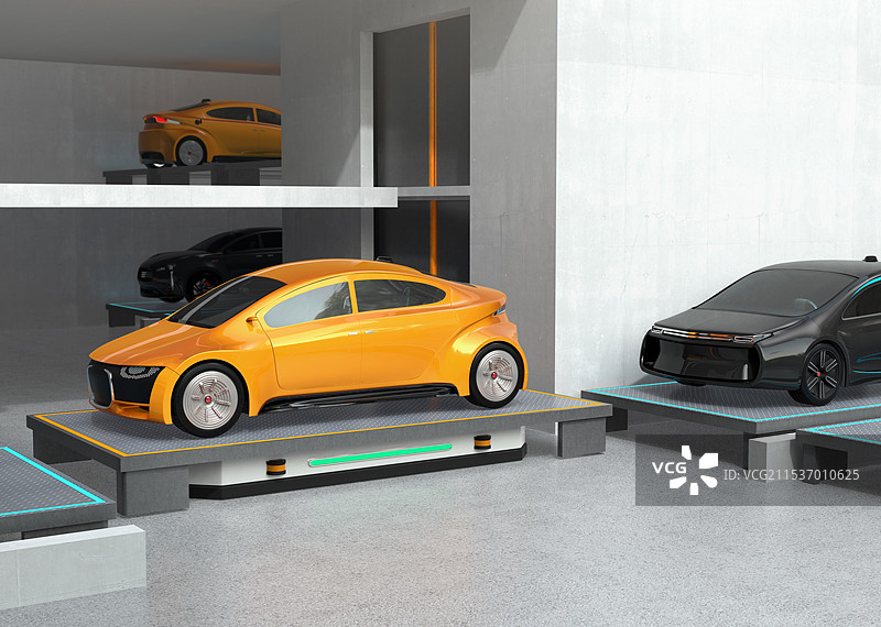 自动导引车（AGV）机器人将汽车运输到停车位。自动停车系统的概念图。图片素材