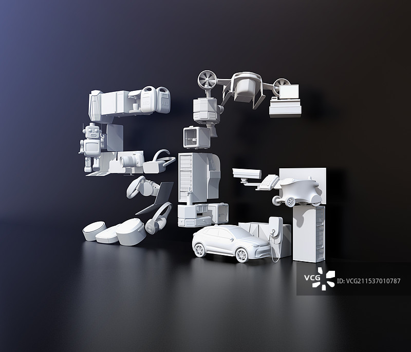 黑色背景上结合了“5G”字母、白色电器、无人机和汽车的图像。“5G”概念。图片素材