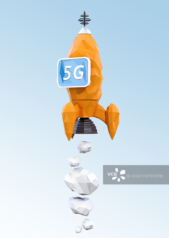 低多边形火箭，显示“5G”的监视器，5G概念图片素材