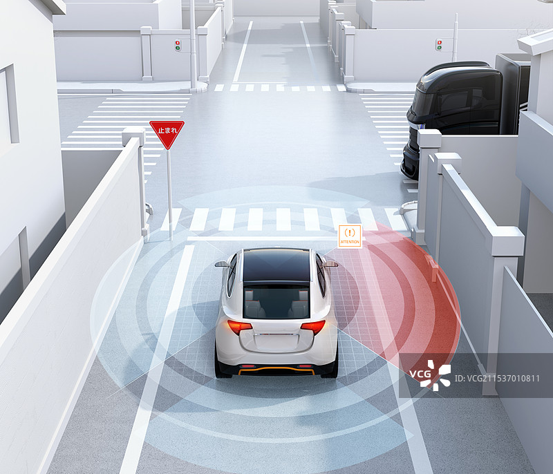 卡车在停在“停止”标志前的SUV前经过。联网汽车概念图片素材