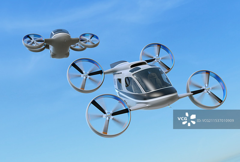 乘客无人机编队飞行的图像。飞行出租车概念。图片素材