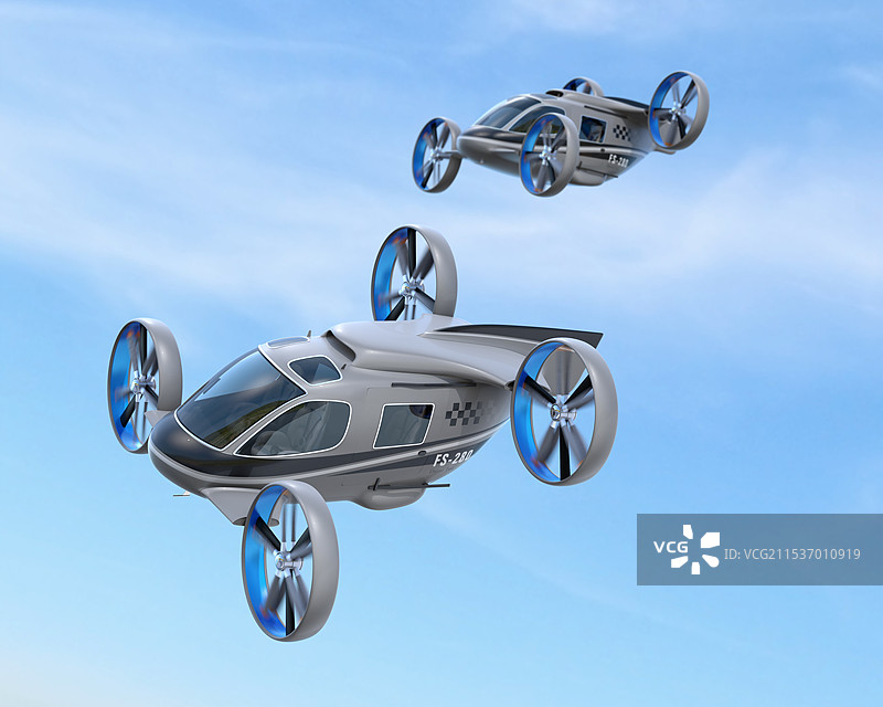 乘客无人机编队飞行的图像。飞行出租车概念。图片素材