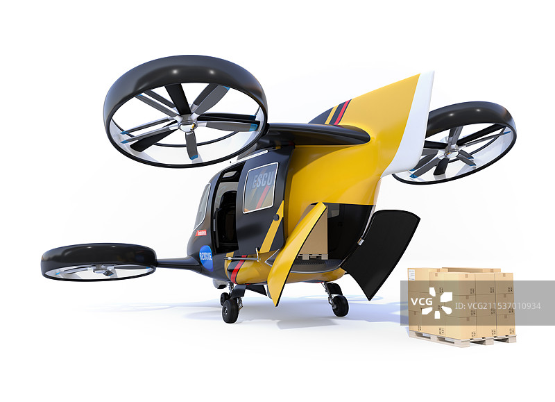 救援无人机的后门打开，救援物资被运出。灾难救援概念图片素材