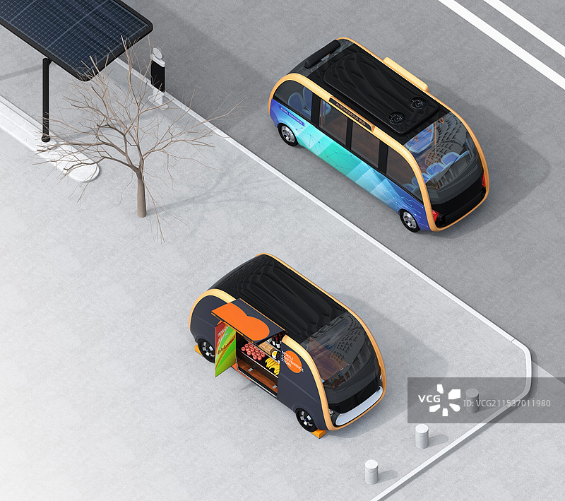 自动驾驶公交车和无人售货车的图像，展示了一个共同的平台。无人驾驶和无人售货的概念。图片素材