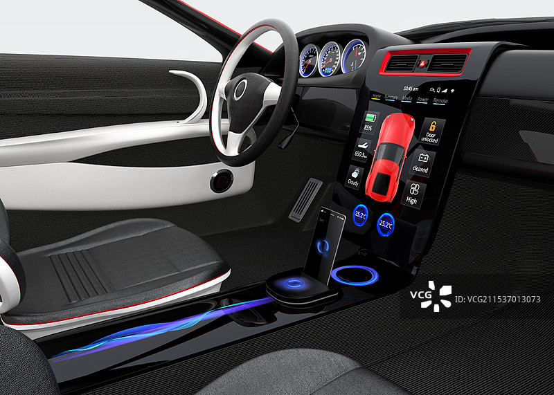 跑车内饰设计概念。智能手机与汽车导航系统同步。图片素材
