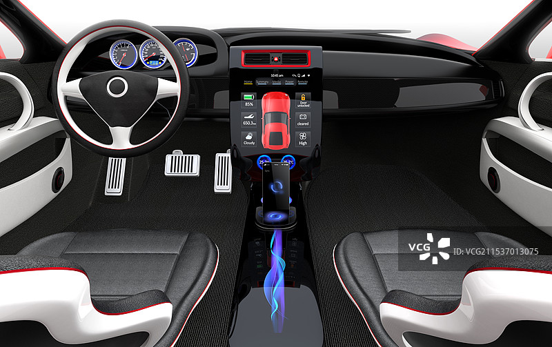 跑车内饰设计概念。智能手机与汽车导航系统同步。图片素材