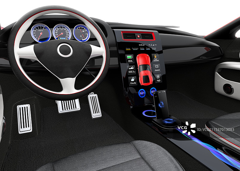跑车内饰设计概念。智能手机与汽车导航系统同步。图片素材