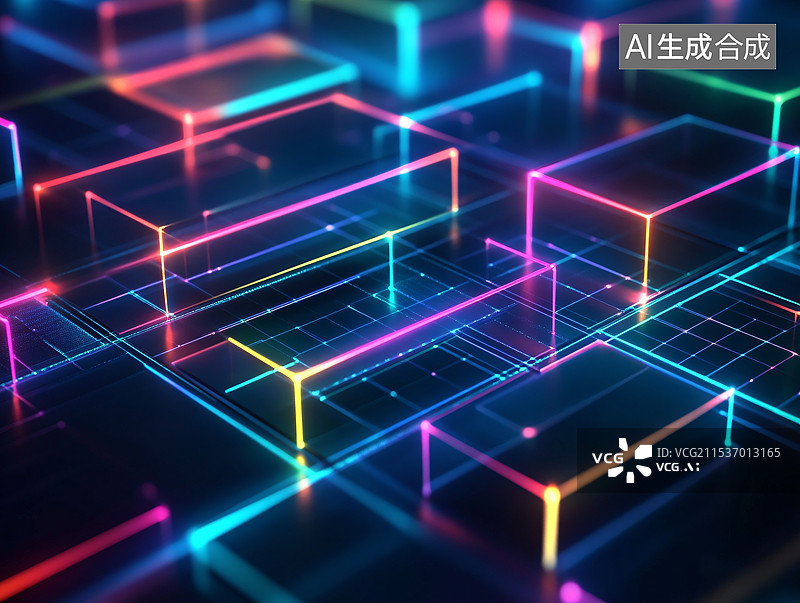 【AI数字艺术】抽象的几何方块图案，多个彩色的立方体和线条组成三维空间，高饱和蓝色、紫色、粉色和绿色，未来科技感图片素材