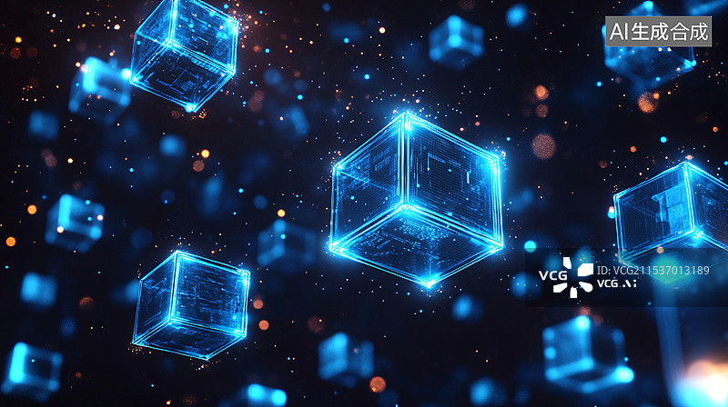 【AI数字艺术】抽象的几何方块图案，多个彩色的立方体和线条组成三维空间，高饱和蓝色、紫色、粉色和绿色，未来科技感图片素材