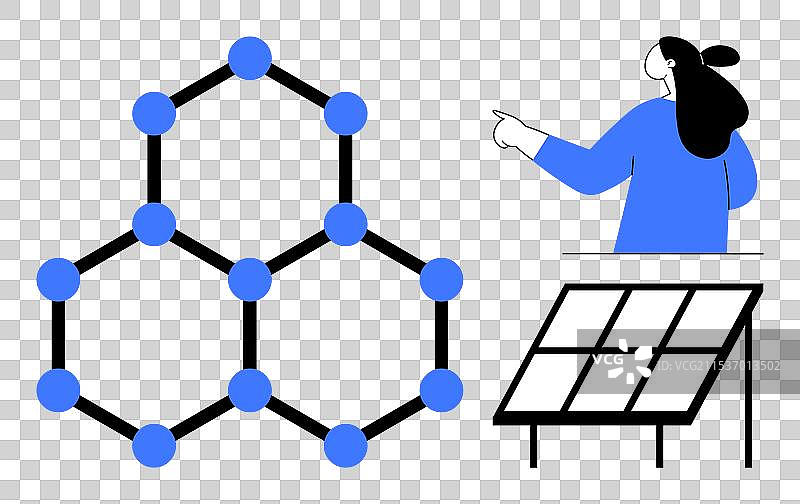 女性指着太阳能电池板和分子结构图片素材