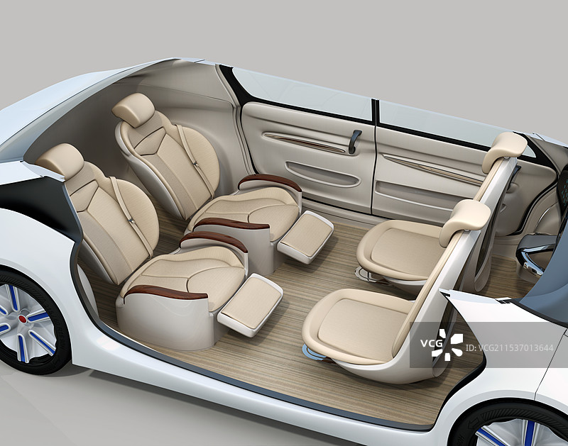 自动驾驶车辆的座椅布局。可旋转的前座和带有倾斜及按摩功能的后座。图片素材