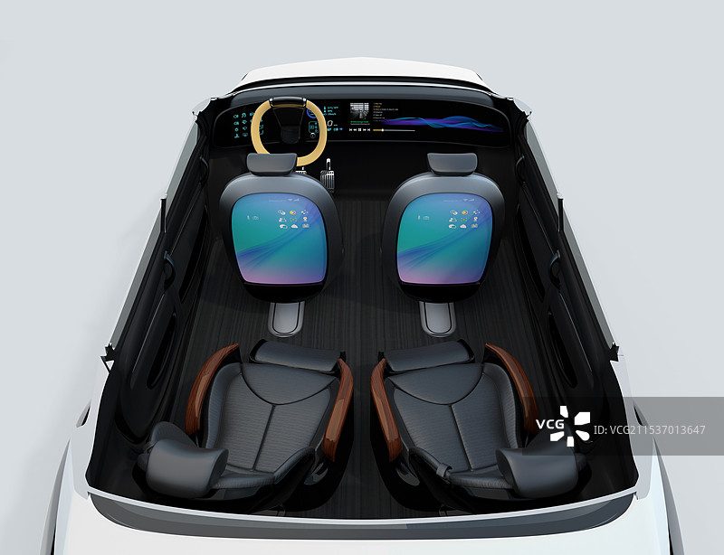 前排座椅的剖面图，配有显示器，后排座椅具备可调节和按摩功能图片素材