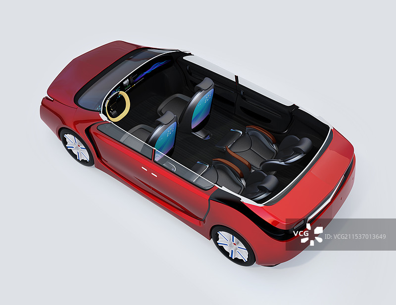 带有可旋转前座和可调节、按摩后座的自动驾驶车辆布局图片素材