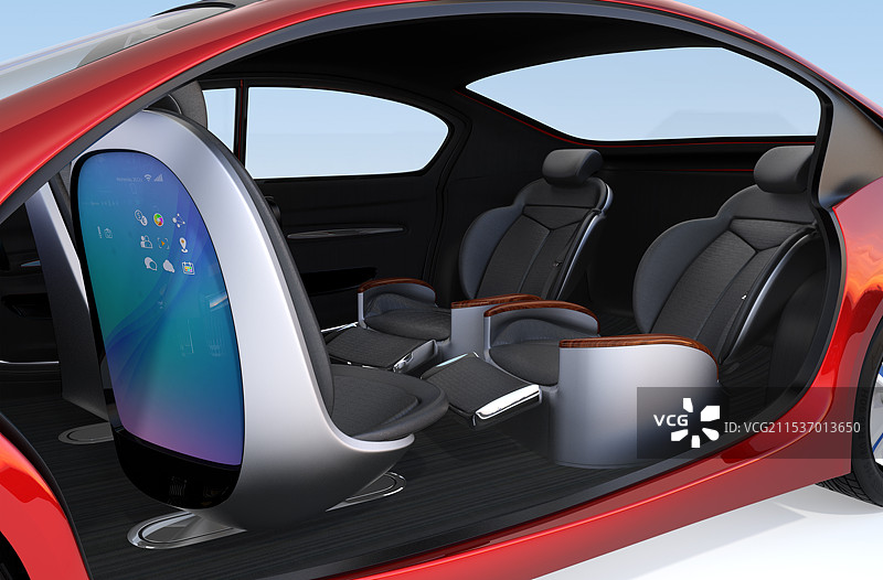 配备大型触摸屏的自动驾驶车辆前座和具有倾斜及按摩功能的后座图片素材