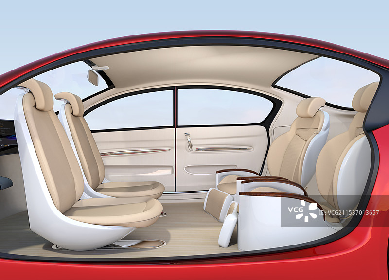 带有可旋转前座和可倾斜、按摩后座的自动驾驶车辆布局图片素材