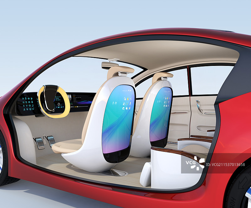 配备大型触摸屏的自动驾驶车辆前座和带有可调节和按摩功能的后座图片素材