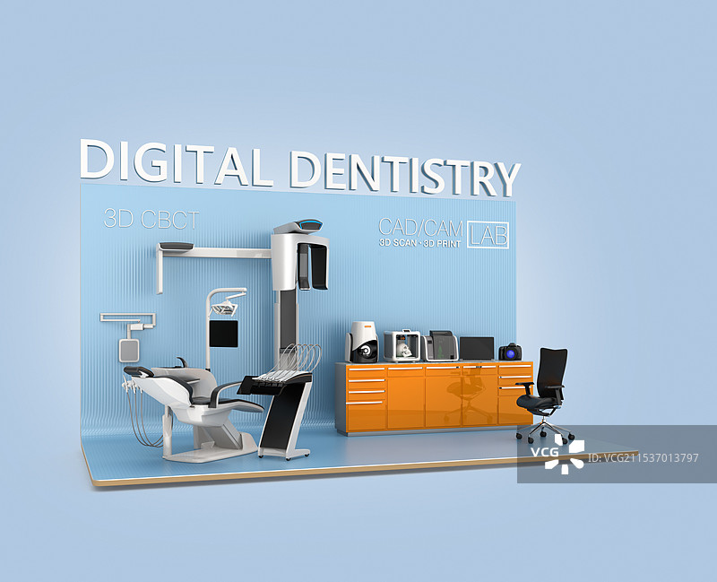 牙科设备、CT扫描仪、与3D打印机的数据共享、协作、数字牙科概念图片素材