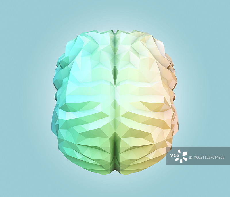 低多边形大脑的正面视图，带有线框。人工智能的概念图像。图片素材