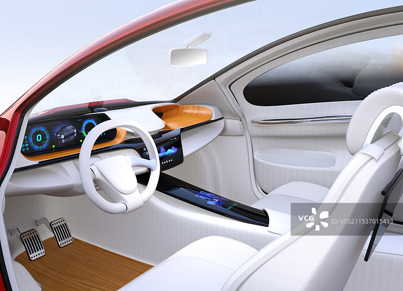 自动驾驶电动车仪表盘的图像。木纹托盘配有无线充电装置。原创设计。图片素材