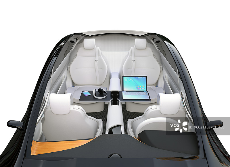 自动驾驶车辆的前向座椅布局。可伸缩桌上的笔记本电脑；移动办公概念。图片素材