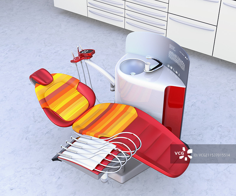 牙科办公室的室内图像。白色基础单元，带红色座椅和点缀色的橱柜。图片素材