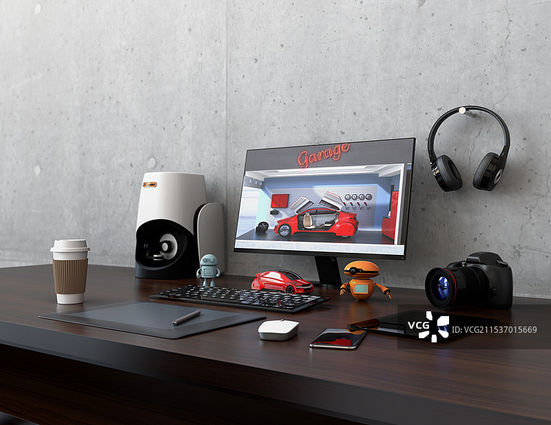 桌子上的显示器、3D扫描仪、板卡、智能手机和单反相机。产品设计师的工作空间。图片素材
