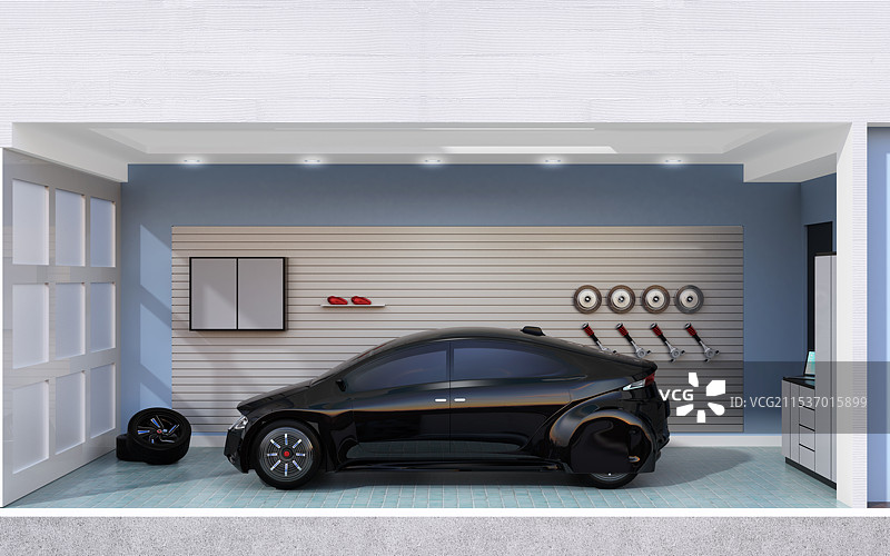 一辆黑色汽车停在一个粉彩色的车库里。图片素材