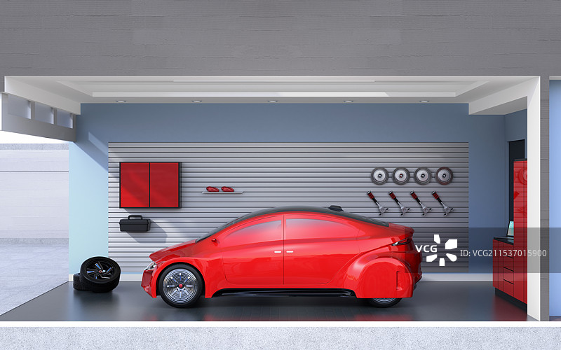一辆红色汽车停在一个粉彩色的车库里图片素材
