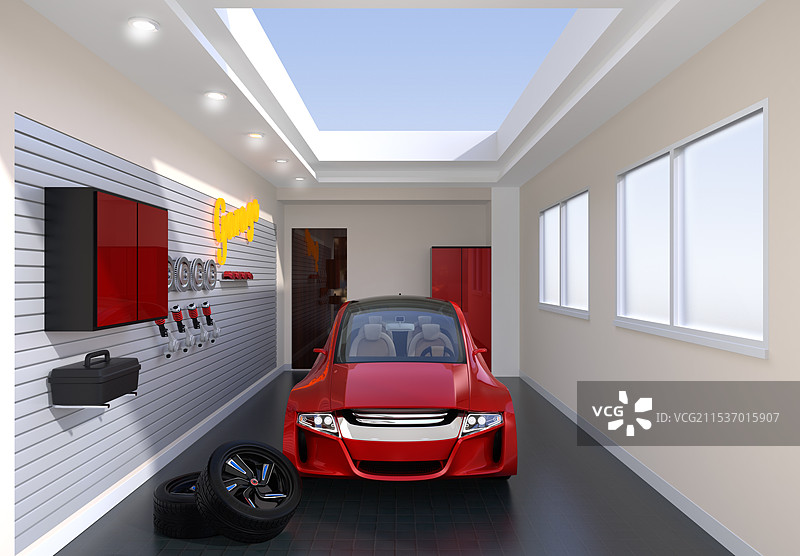 红色前景的车库，停着一辆电动汽车图片素材