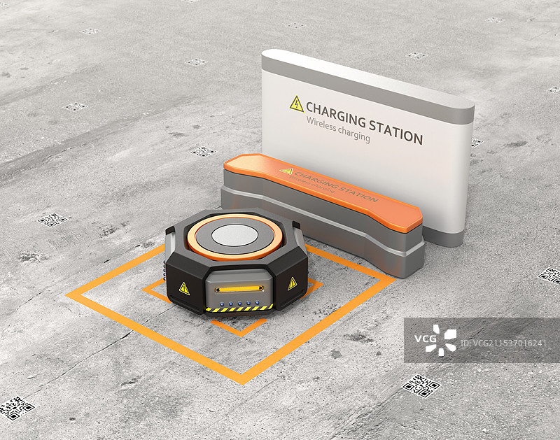 黑色自动运输机器人在无线充电站充电图片素材