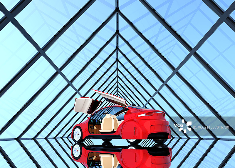 红色三轮车在对称的玻璃隧道中图片素材