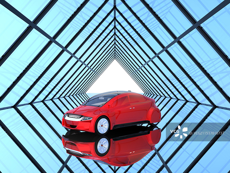 红色三轮车在对称的玻璃隧道中图片素材