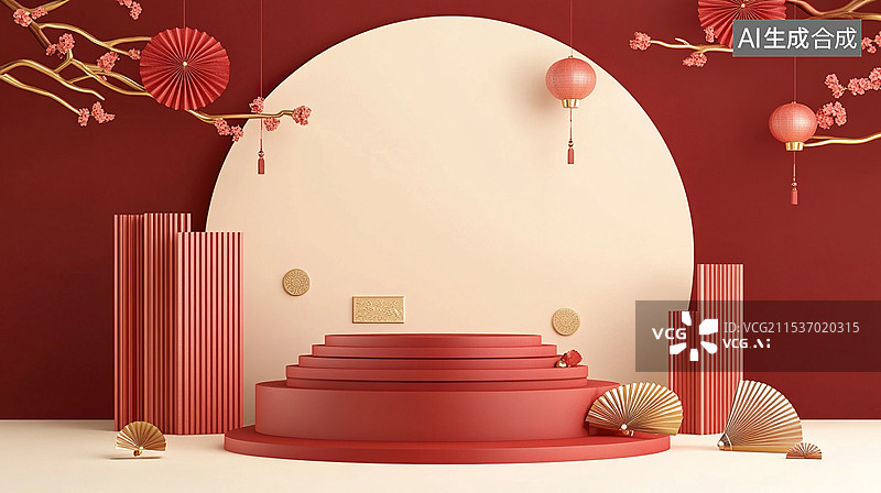 【AI数字艺术】红色背景下的中国灯笼展台背景图片素材