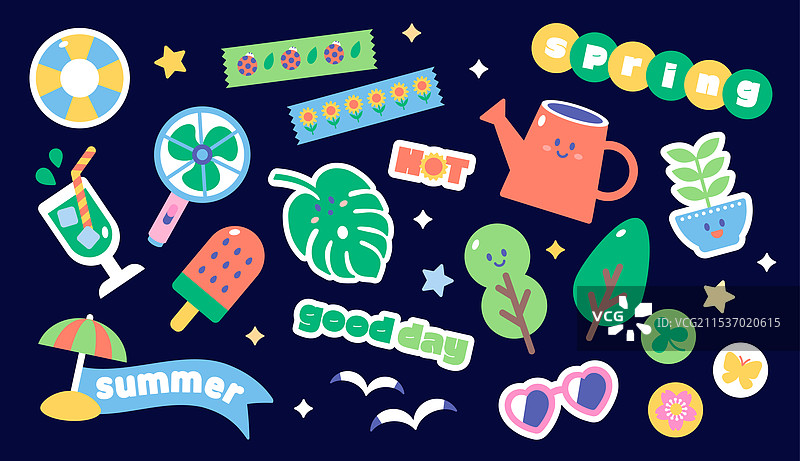 子弹日记，图标集，贴纸，可爱，精致，夏季，浇水壶，胶带，便携风扇，阳伞，树，植物，太阳镜图片素材