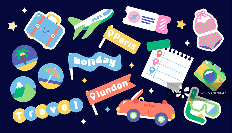 子弹日记，图标集，贴纸，可爱，精致，旅行，行李箱，飞机，票务图片素材