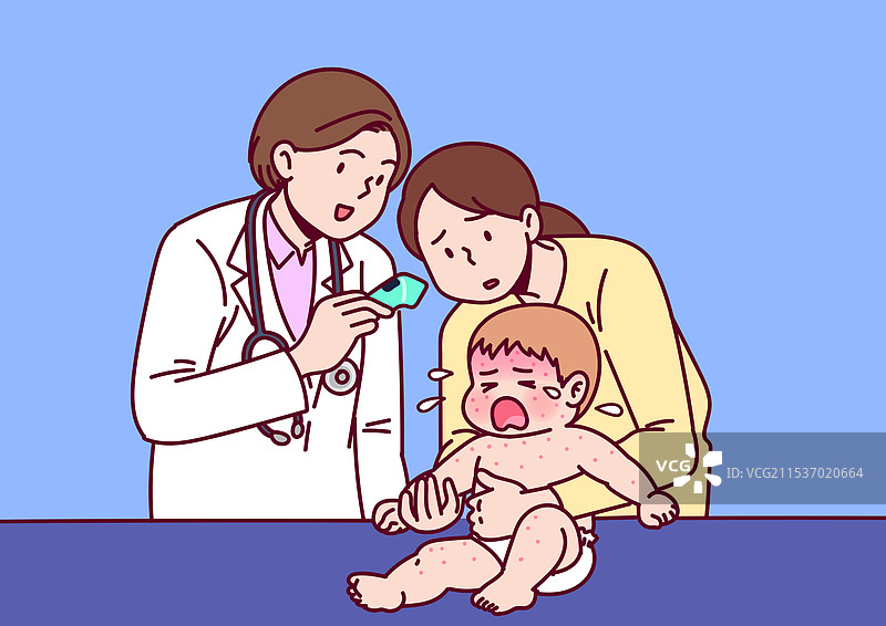 婴儿，皮肤问题，疾病，皮肤科，发烧，医生，妈妈，荨麻疹，哭泣图片素材