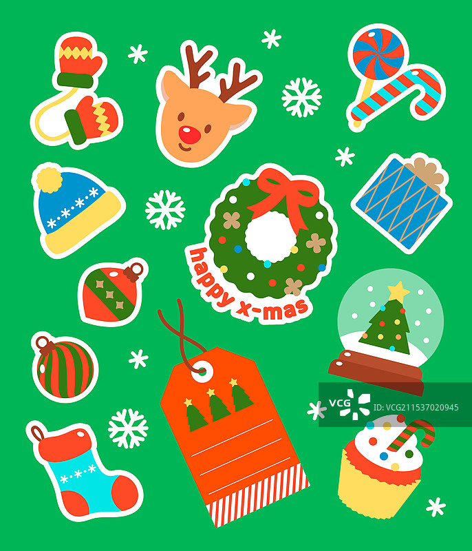 图标集，圣诞节，贴纸，圣诞礼物，红鼻子驯鹿，拇指手套，针织帽，糖果手杖，袜子，花环，标签，杯子蛋糕，雪球图片素材